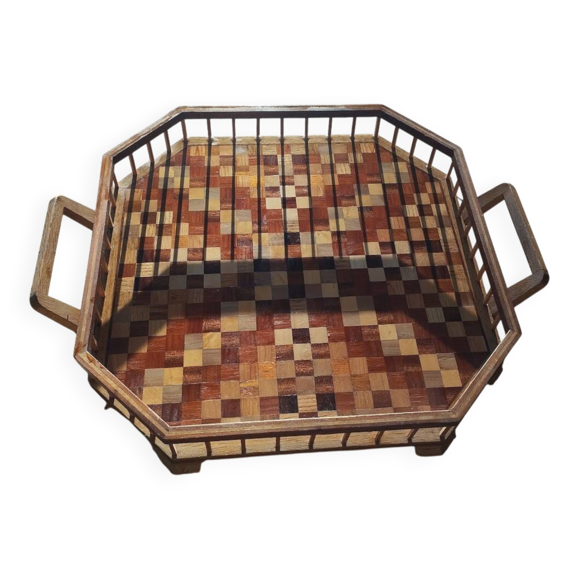 Large octagonal wooden marquetry platter