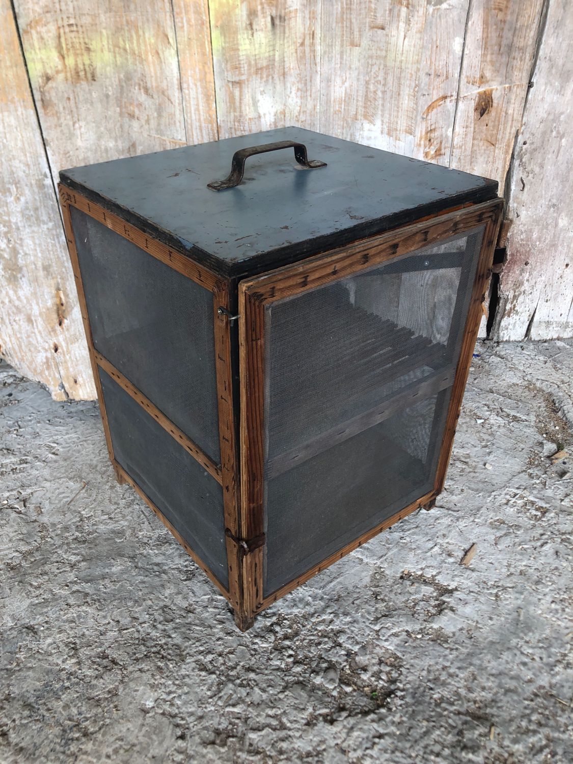 Old wooden pantry cabinet and mesh & vintage metal handle