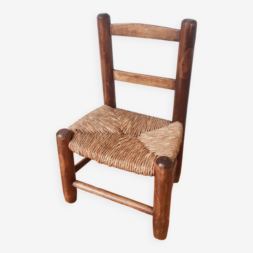 Chaise enfant vintage en bois et paille, fabrication française | Selency