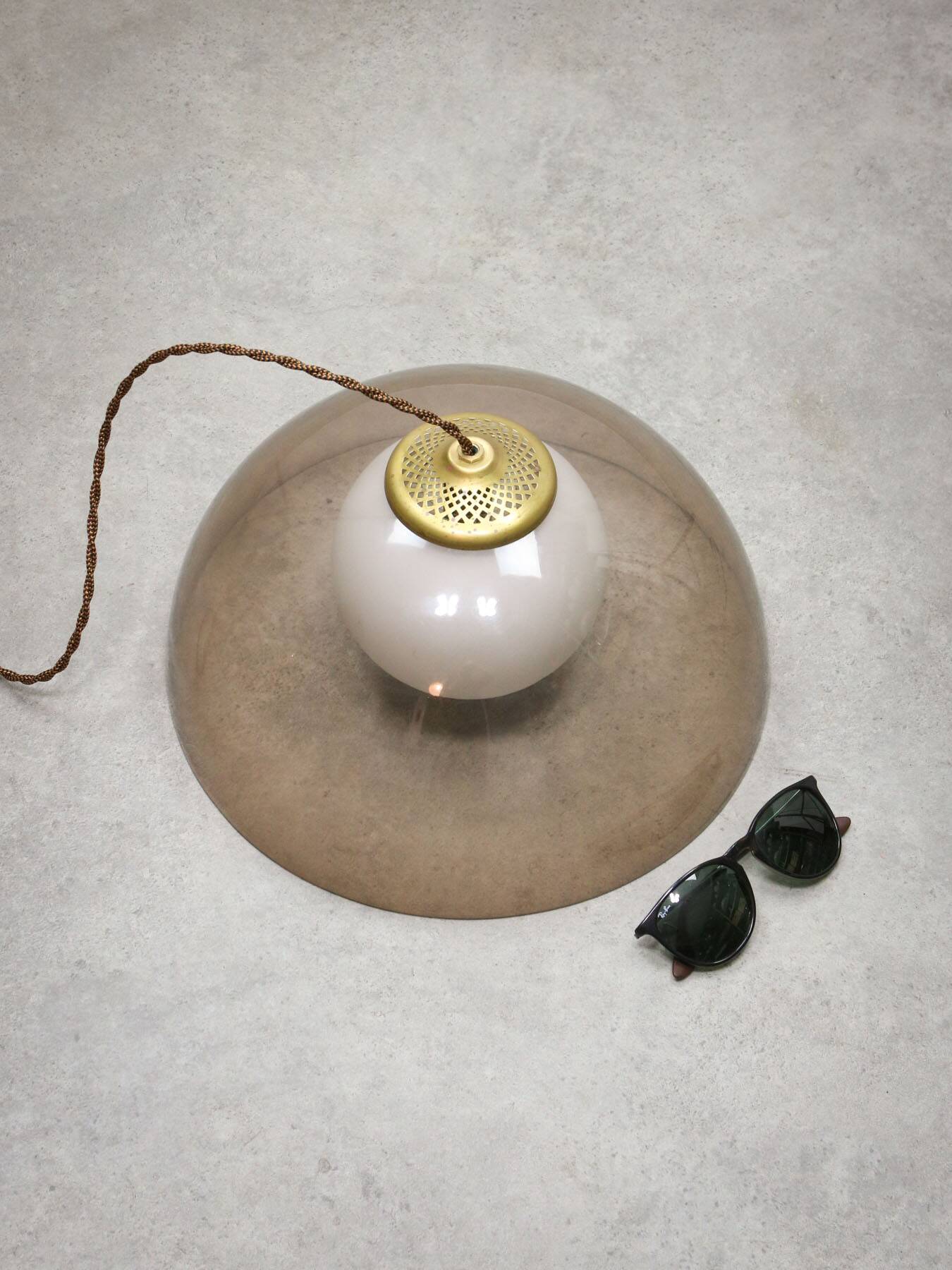 Space-age Italian Brass, Opaline and Plexiglass Pendant Lamp