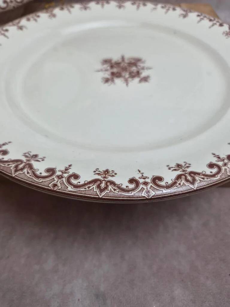 2 round plates Terre de Fer Clairefontaine Rouen sepia 19th century