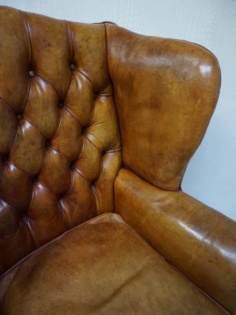 Vintage Cognac Leather Wingback Chesterfield Armchair, England 1940s