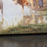 Oil on canvas depicting cows at the edge of the pond circa 1900