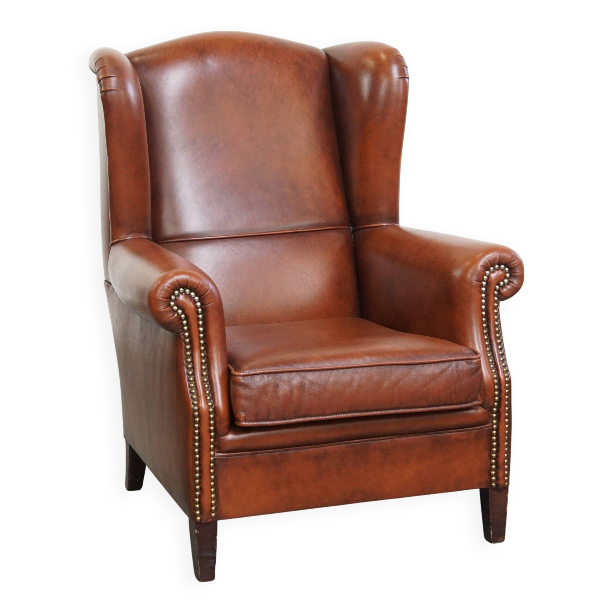 Fauteuil à oreilles de style anglais en cuir de vachette