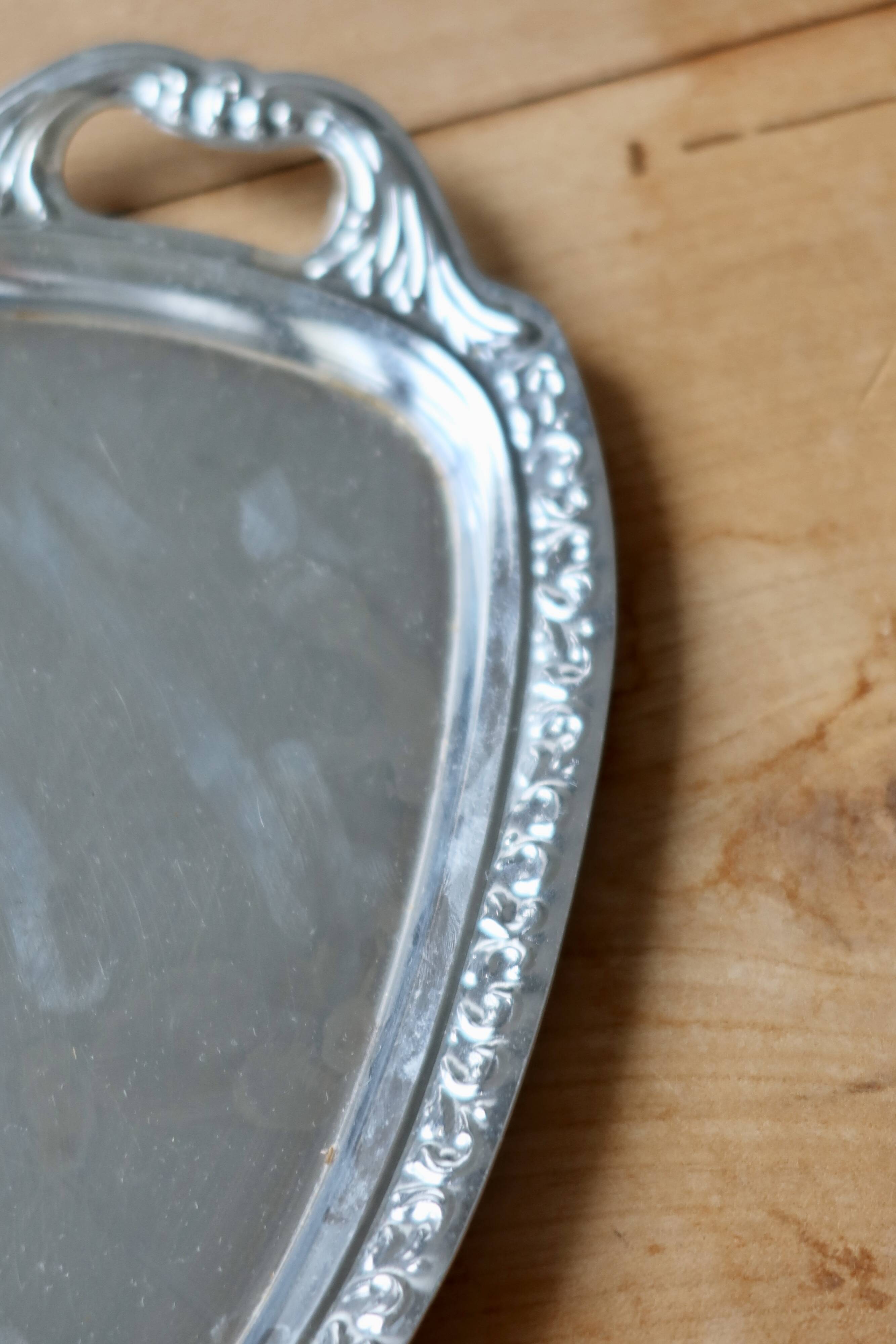 Mini vintage silver metal tray with floral border