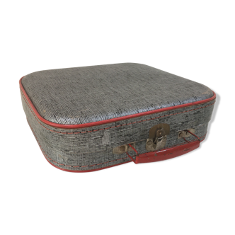 Valise grise et rouge en carton vintage