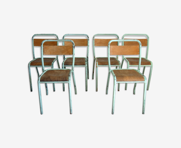 Lot de 6 chaises d'école vintage fer et bois