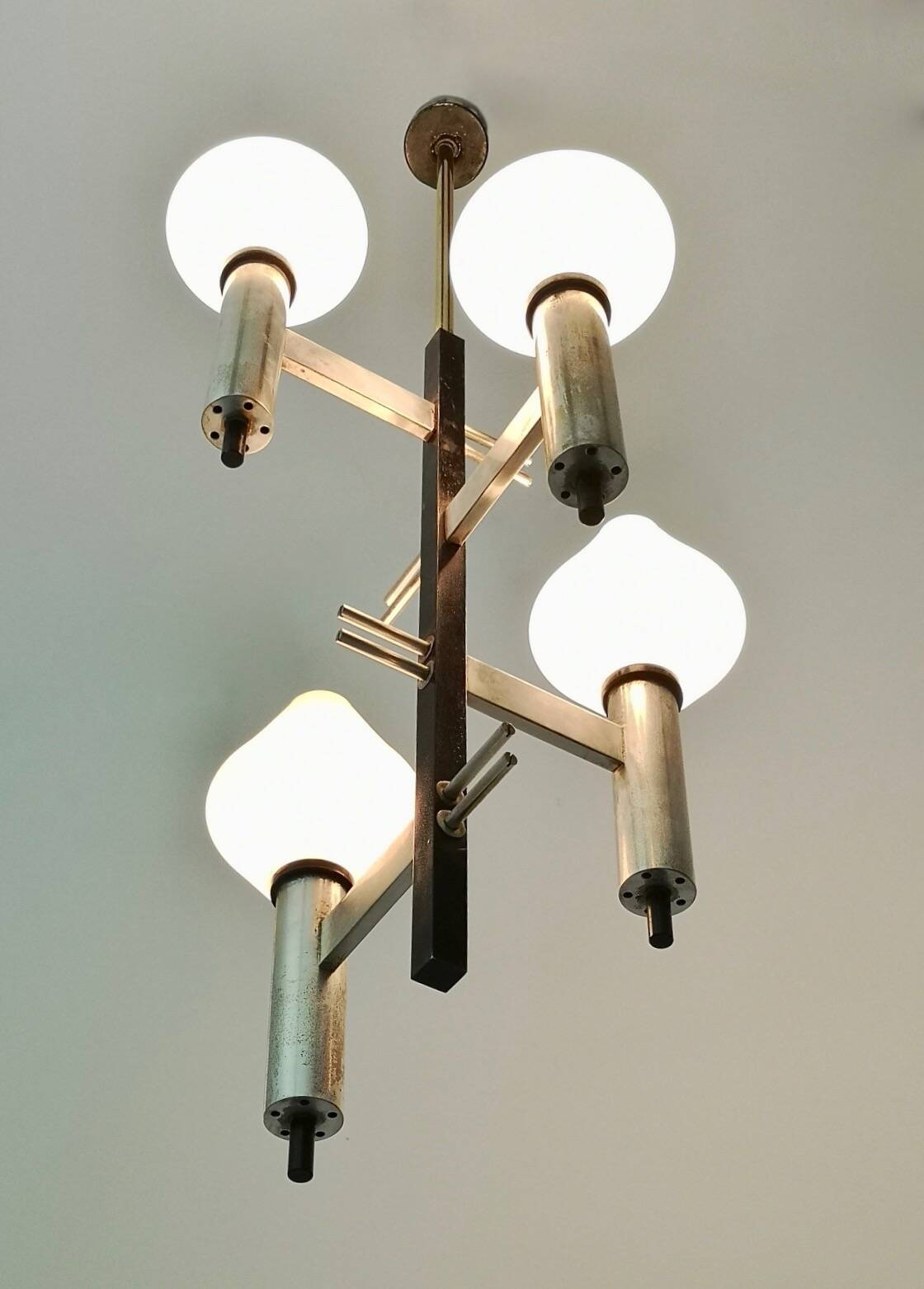 White Encased and Engraved Glass and Brass Chandelier