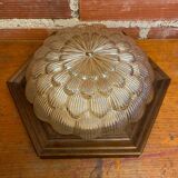 Antique Ceiling Light Wall Lamp Molded Glass + Wooden Support 70s Vintage