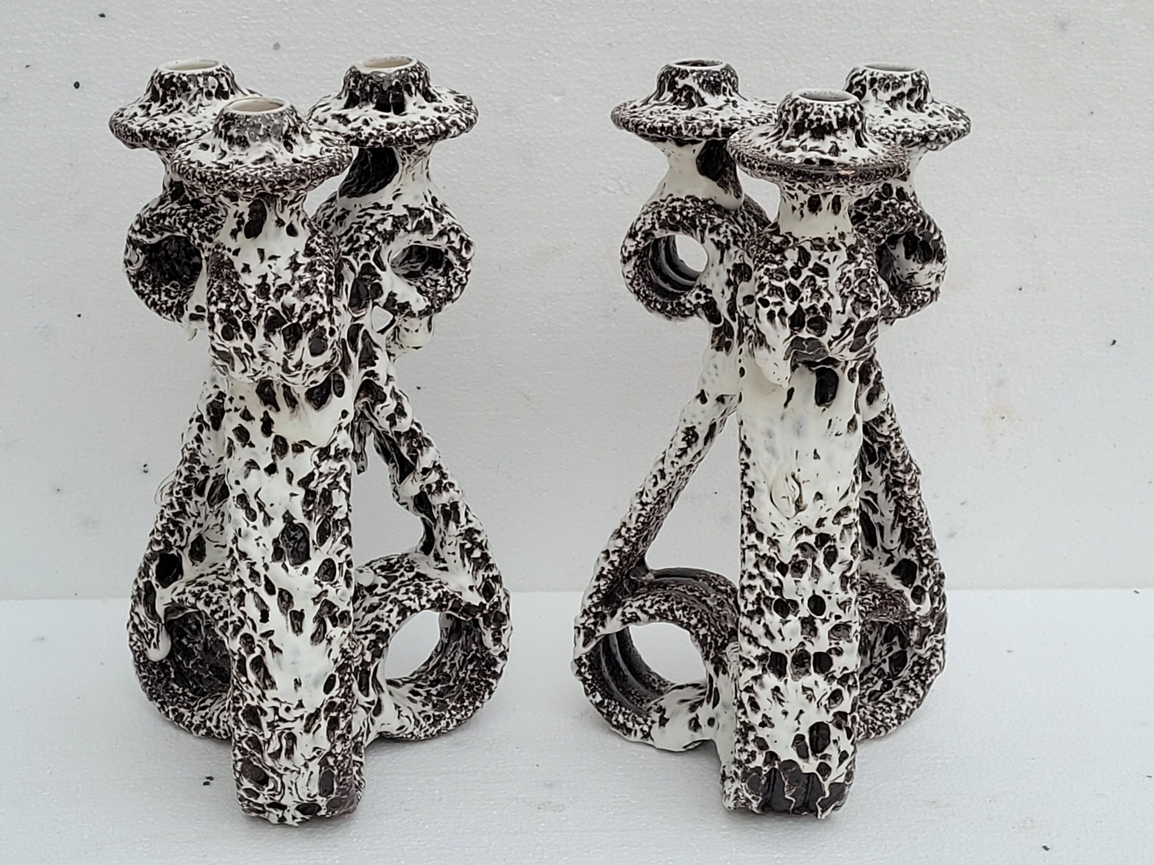 Pair of three-burner candelabra candlesticks by Marius Giuge glazed ceramic Vallauris 1950