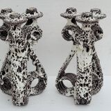 Pair of three-burner candelabra candlesticks by Marius Giuge glazed ceramic Vallauris 1950