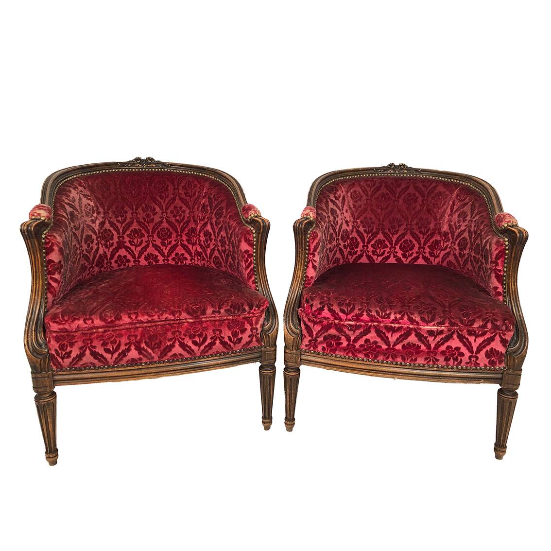 Pair of Transition period armchairs, trimmed with burgundy velvet
