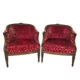 Pair of Transition period armchairs, trimmed with burgundy velvet