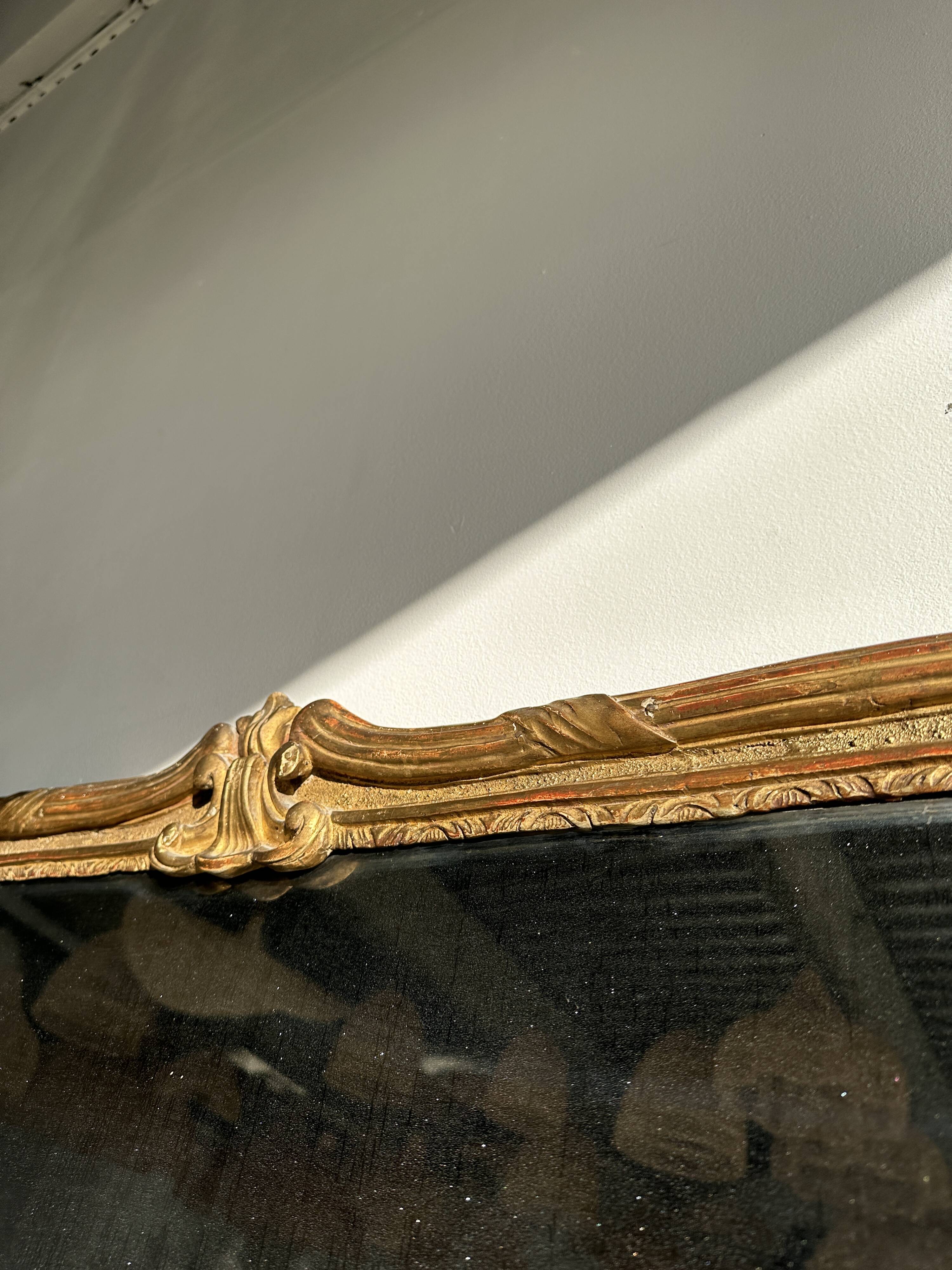 Large gilded mirror 19th century rounded corners mercury glass Louis XVI style