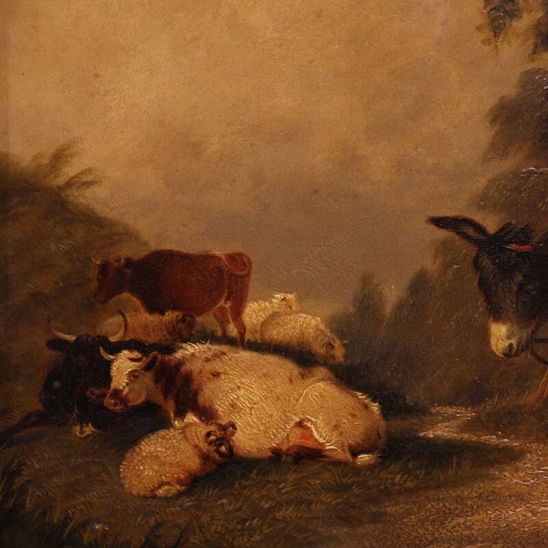 Peinture anglaise antique d'une scène de genre rural datée de 1866