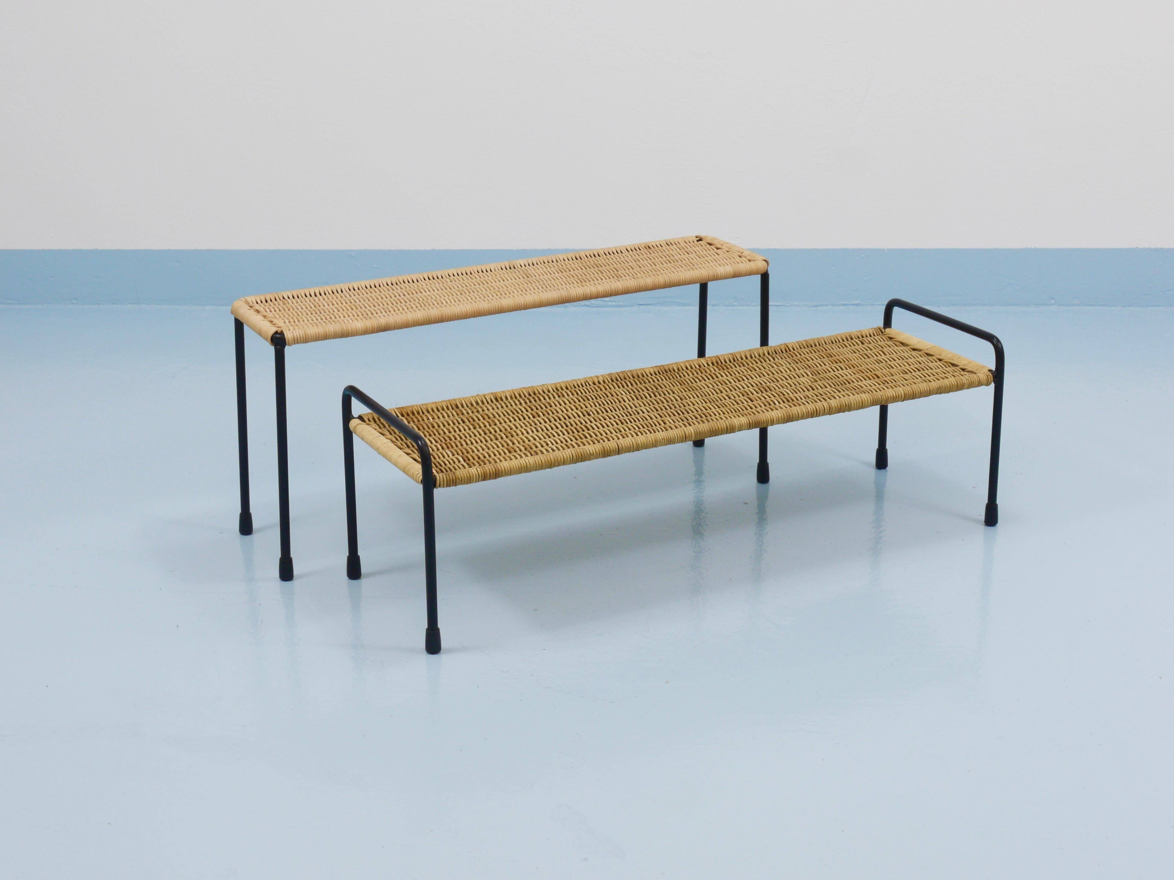 Carl Aubock side table, flower bench, iron, rattan, wicker, Austria, 1950s