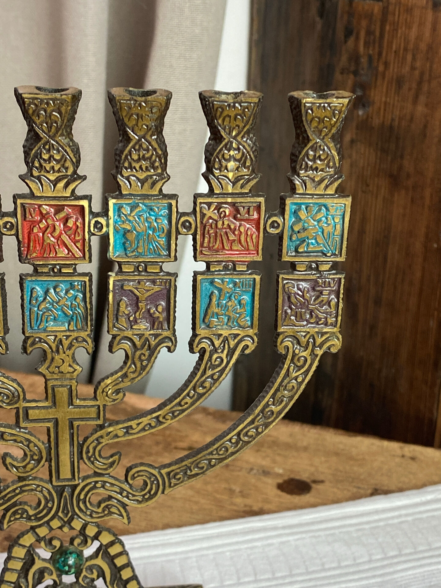 Seven-branched candelabrum, Judeo-Christian, brass and enamel