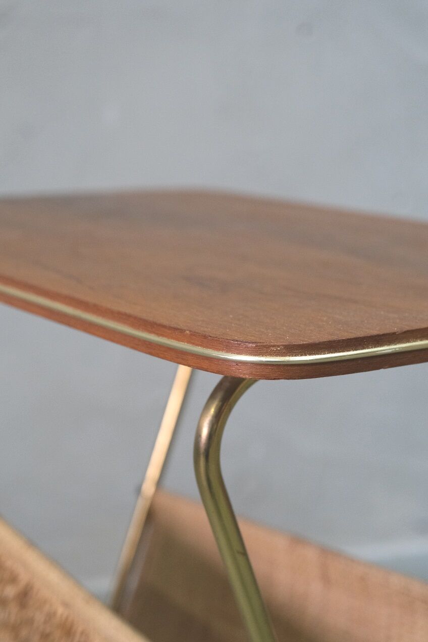 Mid-century teak and brass mobile side table with magazine holder, 1960s