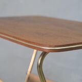 Mid-century teak and brass mobile side table with magazine holder, 1960s