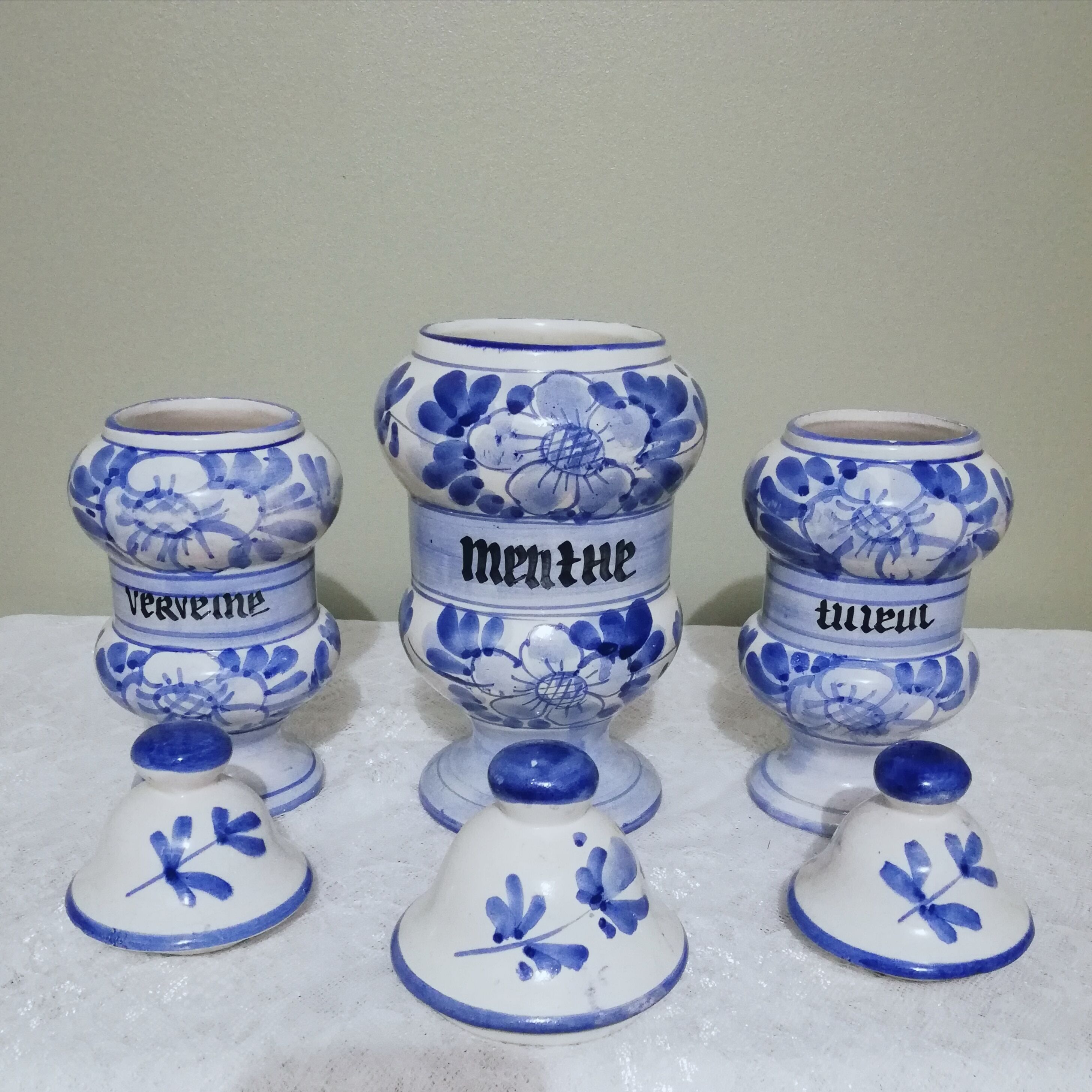 3 Delft style earthenware spice jars or apothecary pots