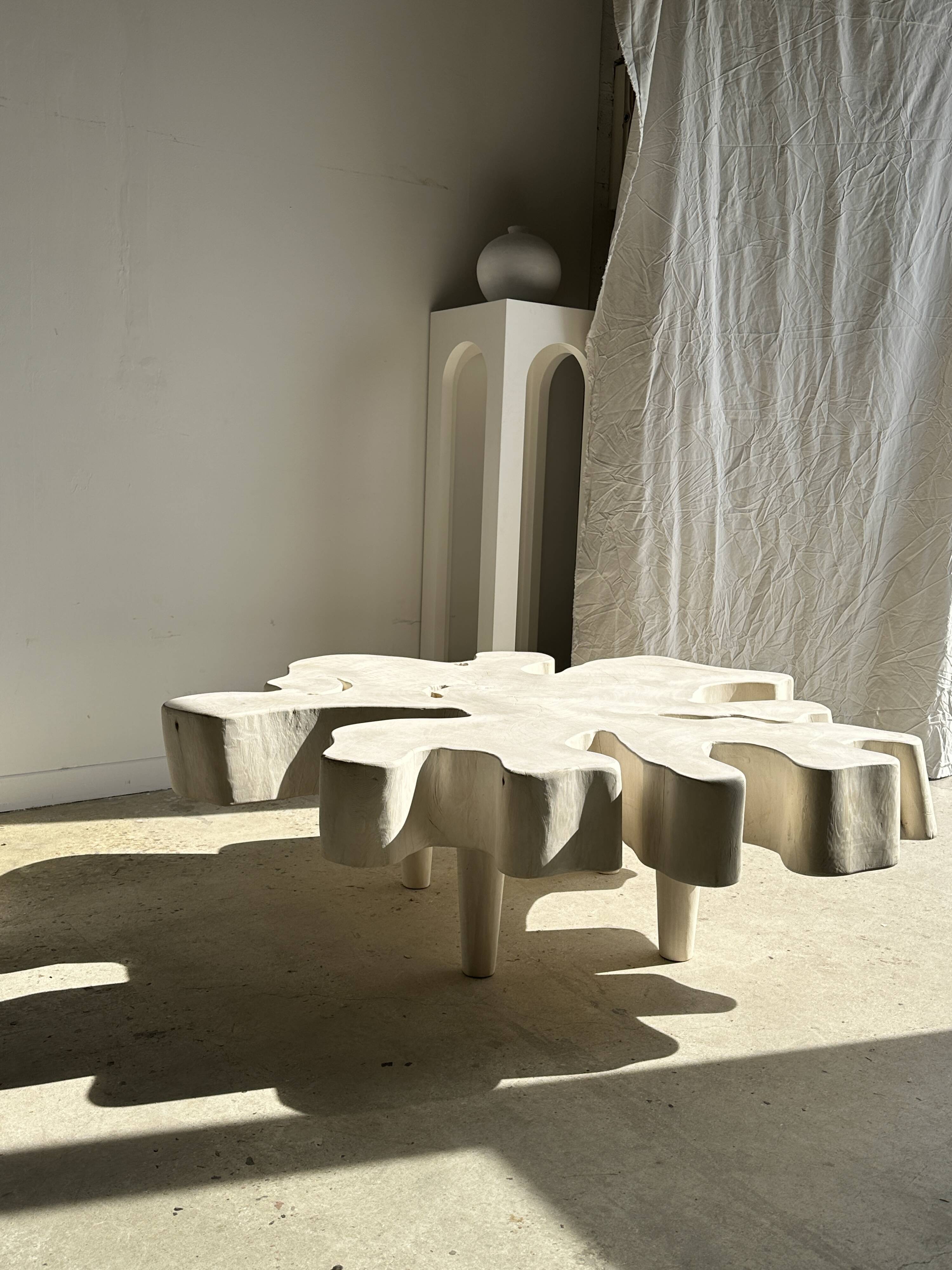 Very large whitewashed mango coffee table with an organic top D:140cm