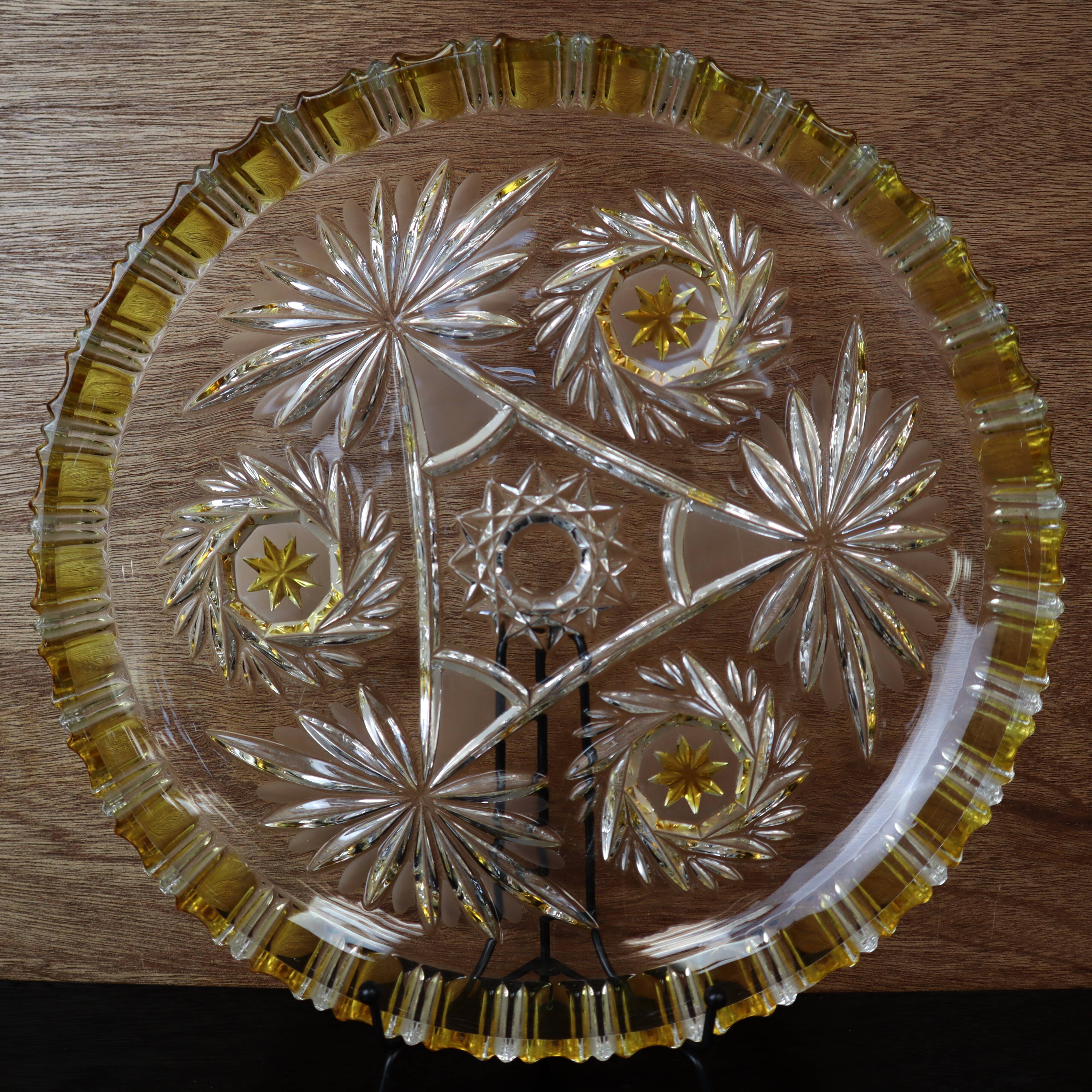 Walther Glas Bohemian crystal dish with yellow and flower pattern