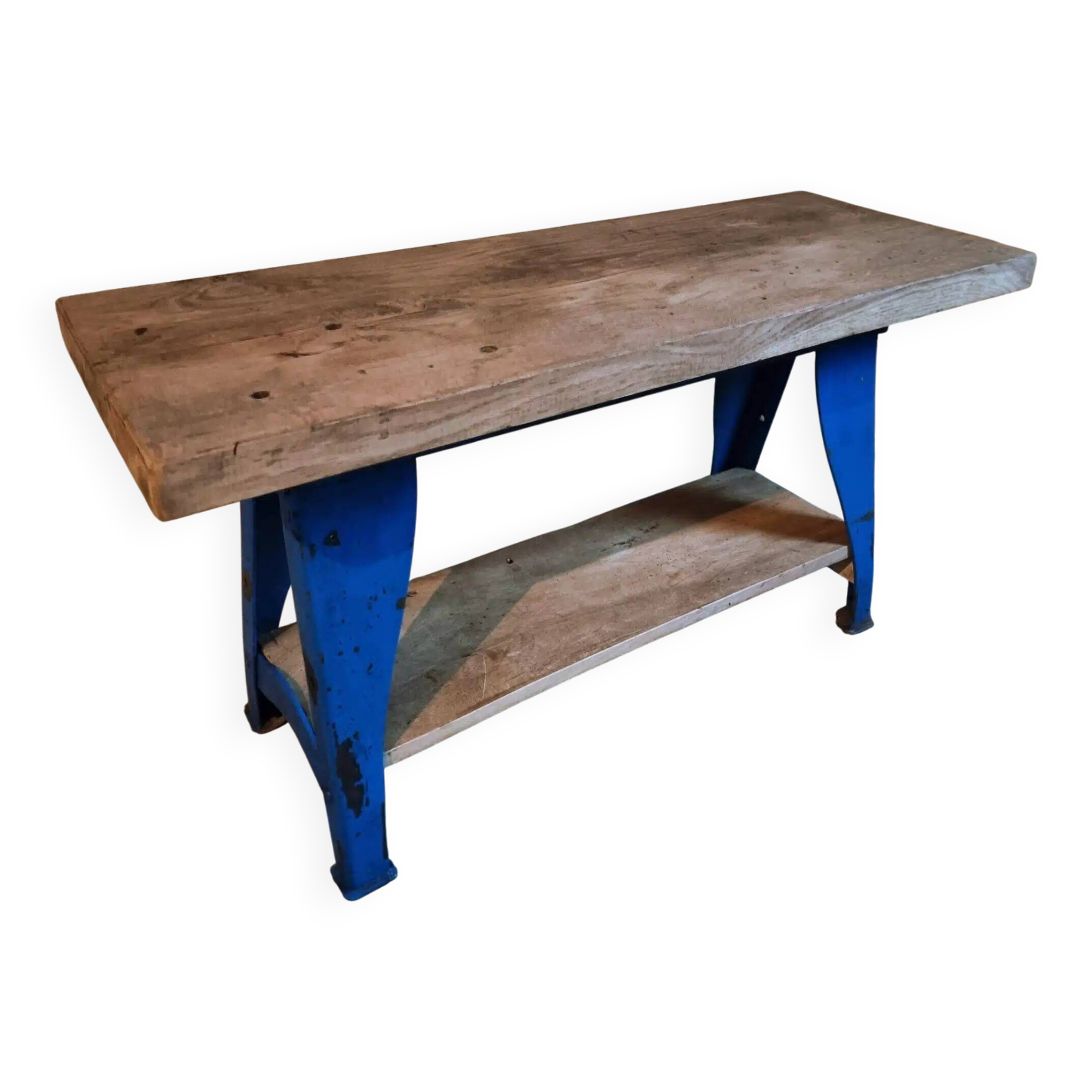 Vintage industrial workbench table with cast iron legs (Aux Forges de Vulcain)