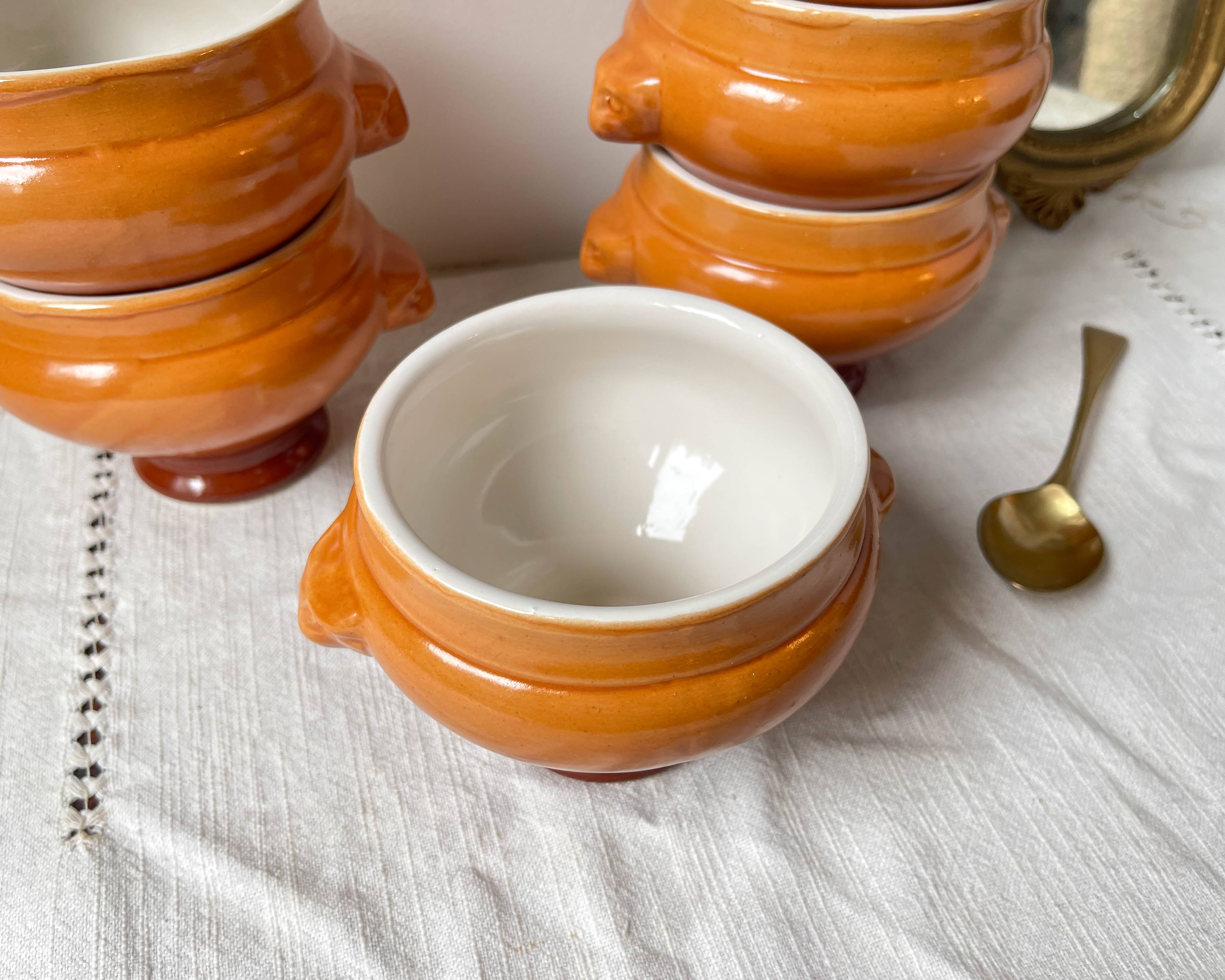 6 vintage Emile Henry ceramic lion head bowls, brown gradient, made in France