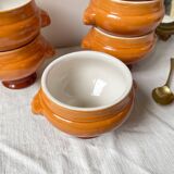 6 vintage Emile Henry ceramic lion head bowls, brown gradient, made in France