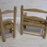 Bench and armchair in wood and straw for doll