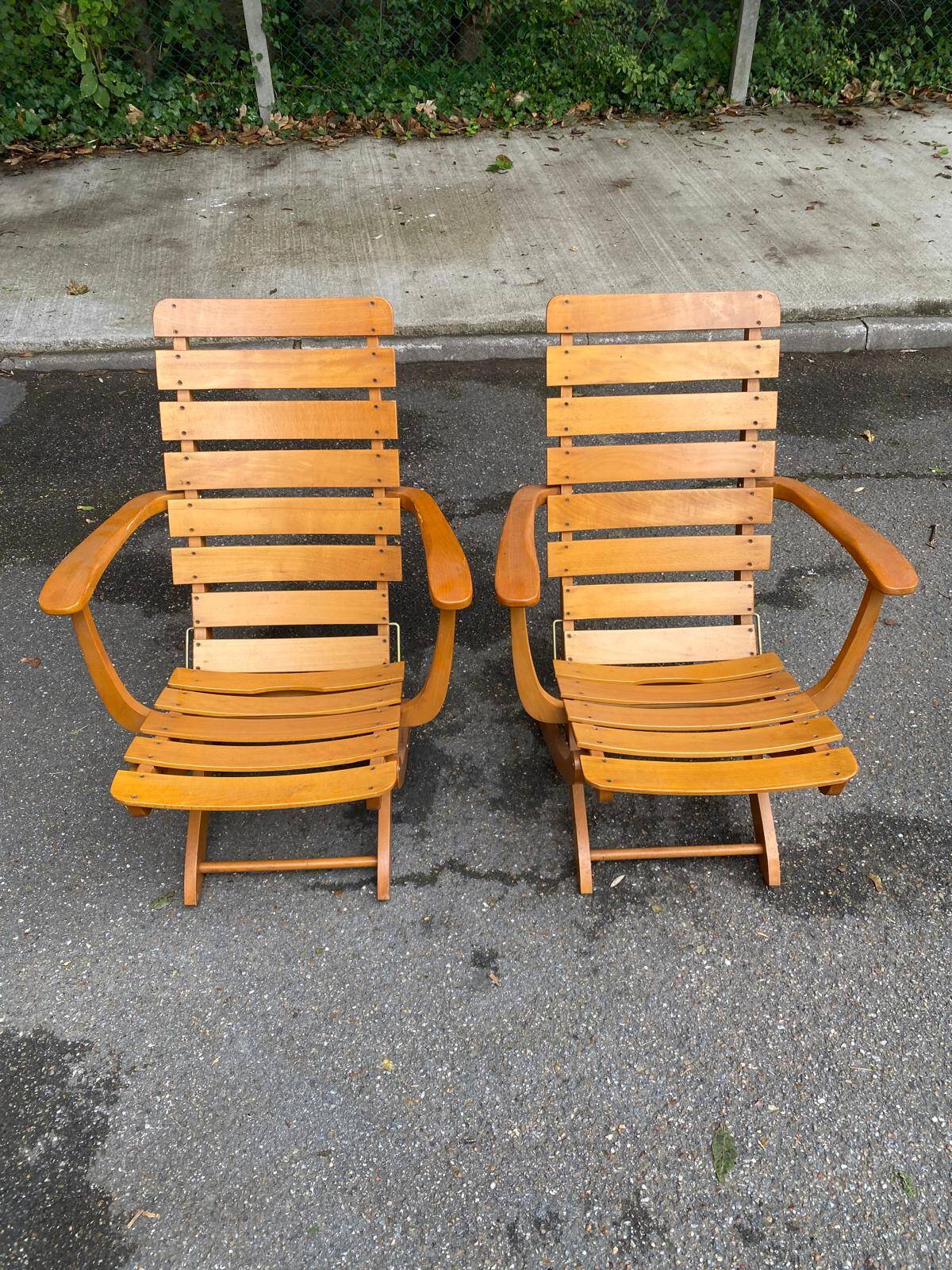 Pair of Clairitex France 1970 solid wood lounge chairs