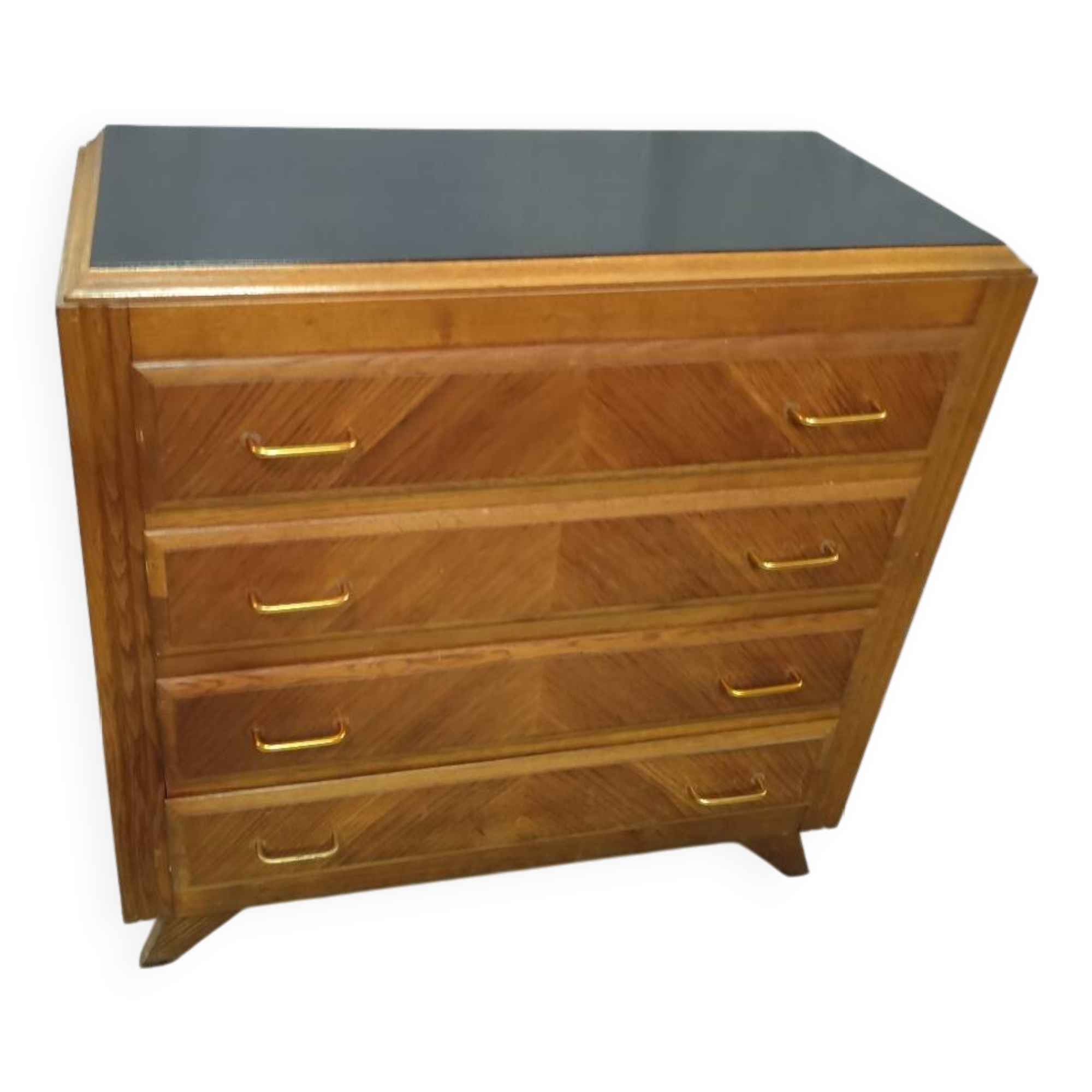 Jolie commode de 4 tiroirs pieds compas plaquage chene