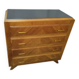 Jolie commode de 4 tiroirs pieds compas plaquage chene