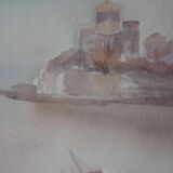 Watercolor Talmont, the fishing huts and the church