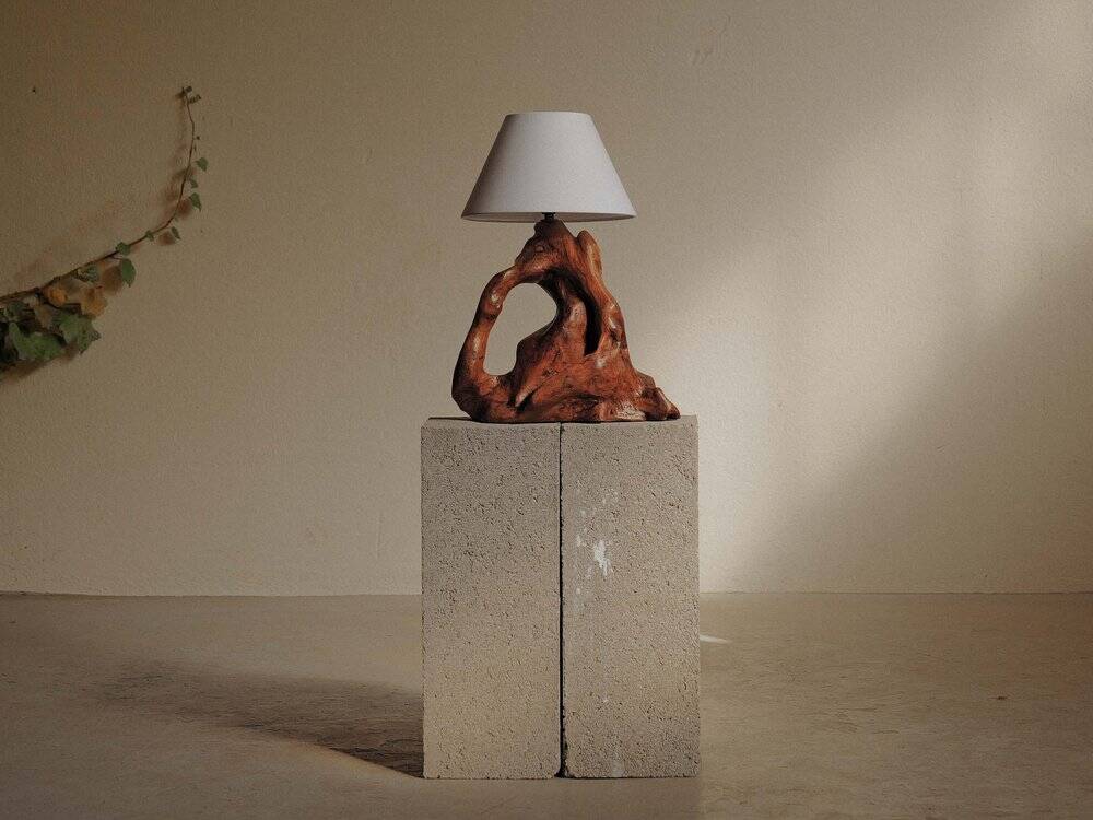 Sculptural lamp made of olive wood, around 1960.