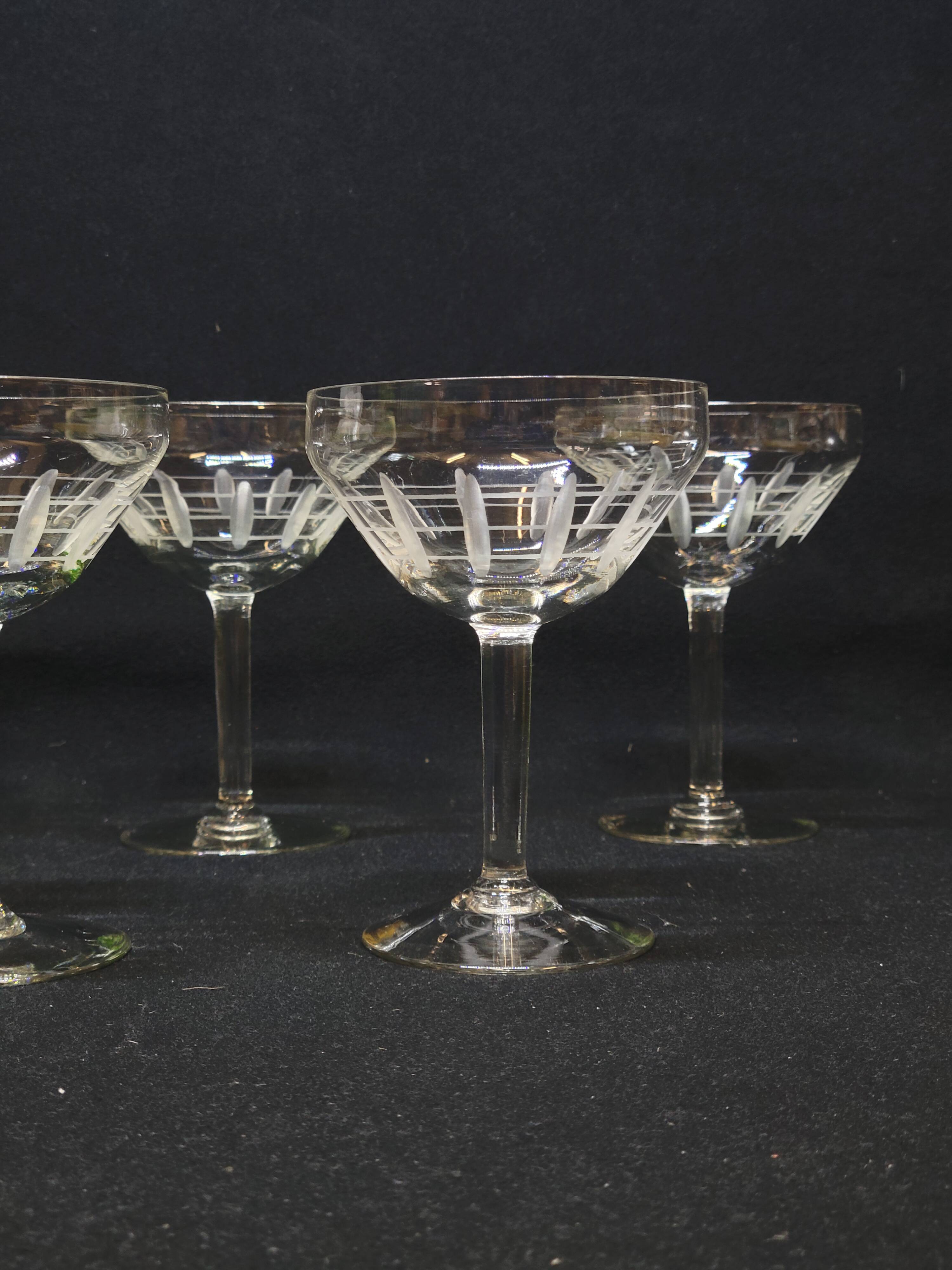 5 Antique Art Deco Palmette Cut Crystal Champagne Glasses