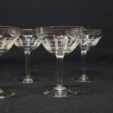 5 Antique Art Deco Palmette Cut Crystal Champagne Glasses