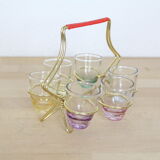 Set de 6 verres à liqueur colorés et irisés dans leur support en laiton