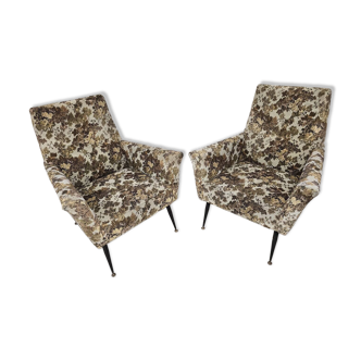 Paire de fauteuils Mid-Century Design – tapisserie jacquard pied compa