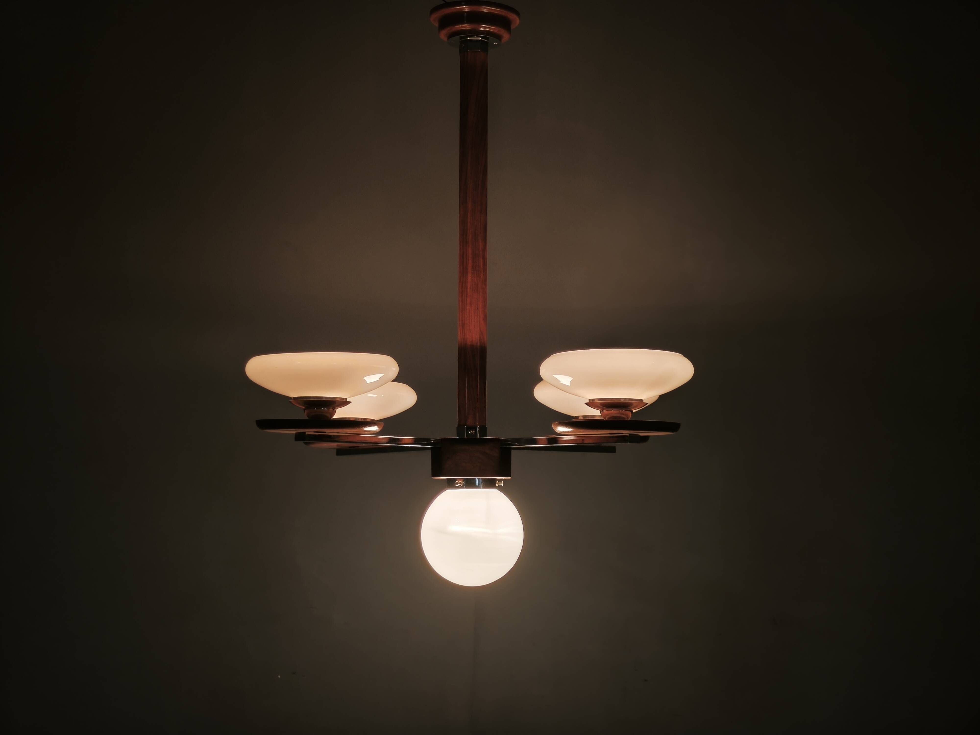 Czech Art Deco Walnut, Chrome and Opaline Glass Chandelier, 1930s