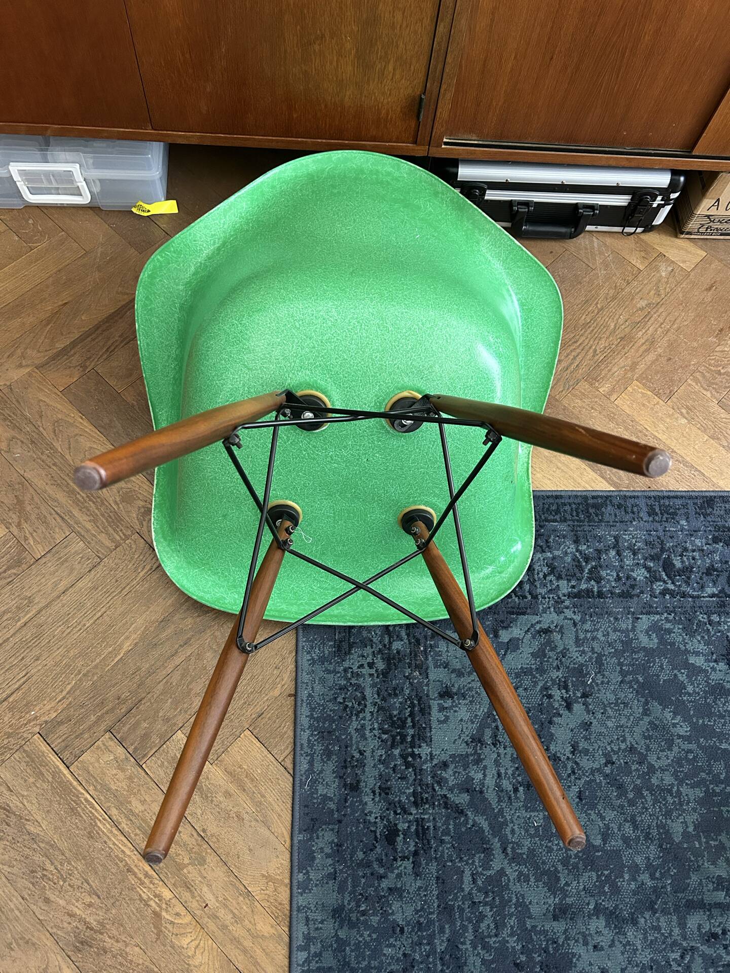 Ray and Charles Eames Fibreglass Arm Shell Dowel Chair Green