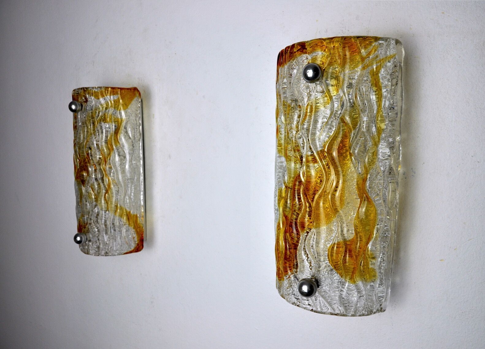 Pair of Murano Mazzega wall lamps, orange frosted glass, Italy, 1960