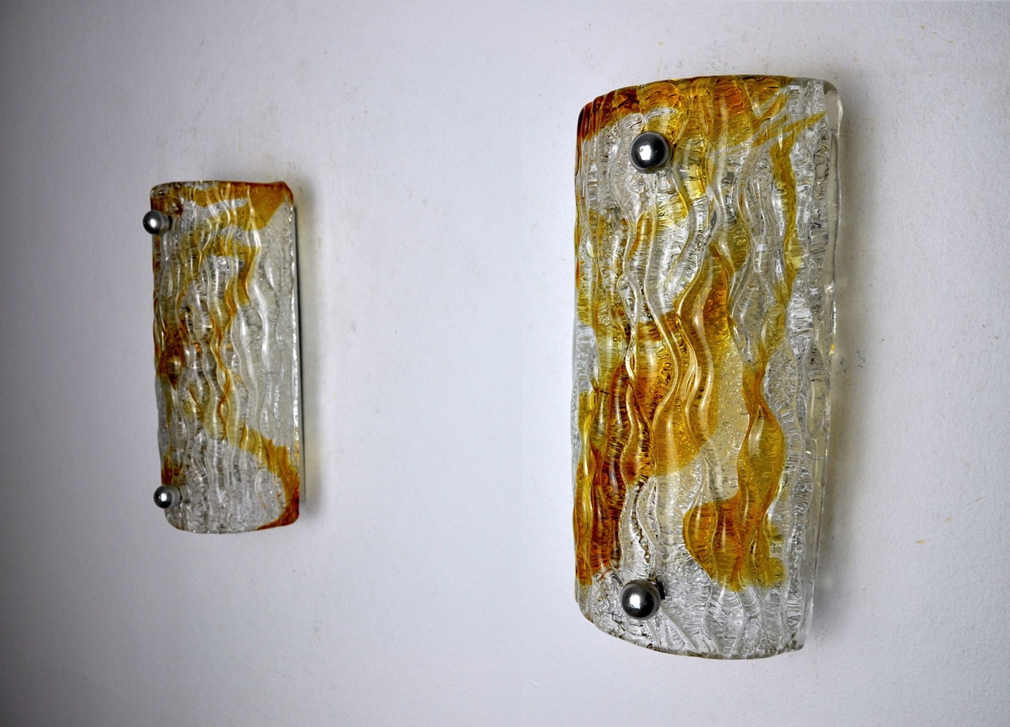 Pair of Murano Mazzega wall lamps, orange frosted glass, Italy, 1960