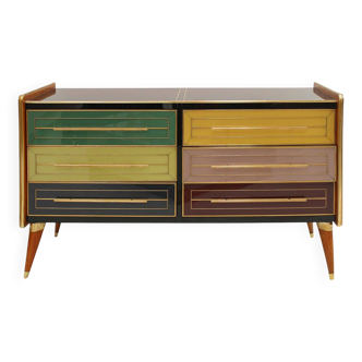 Italain Sideboard Made Of Solid Wood And Covered With Colored Glass 1950S