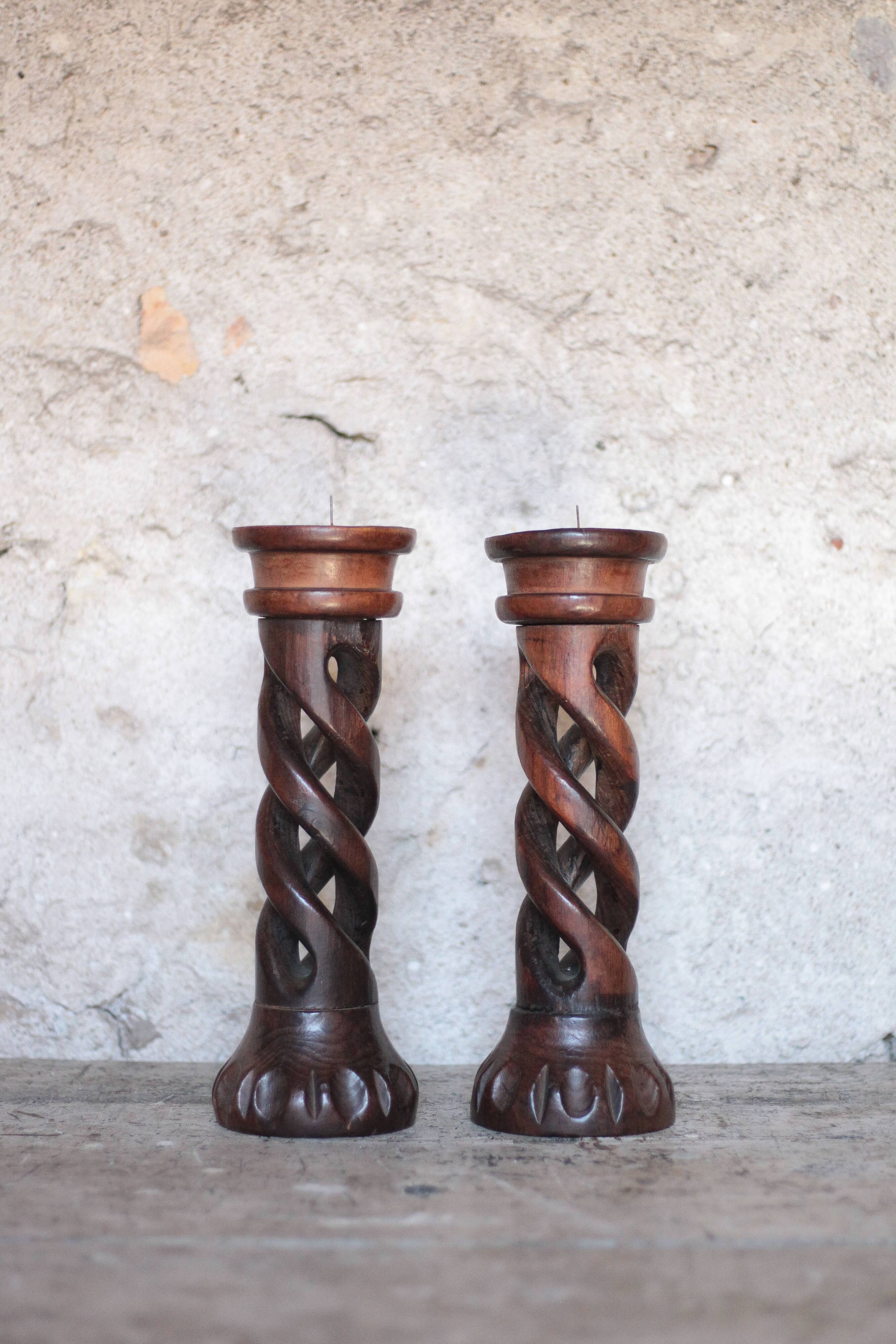 Pair of brutalist wooden candle holders, vintage wooden candle holder, decor