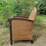 Paire de fauteuils en bois et rotin 1980