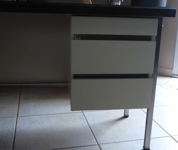 Industrial metal desk from the 70s with three drawers and glass top