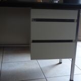 Industrial metal desk from the 70s with three drawers and glass top