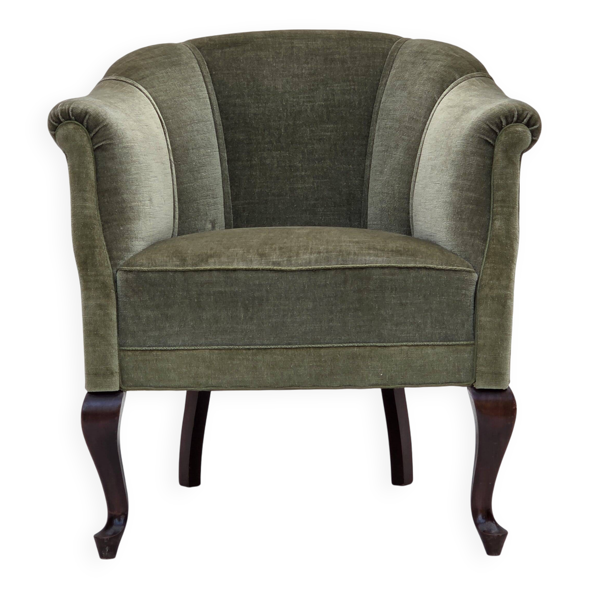 1960s, Danish armchair, green furniture velour, beech wood legs.
