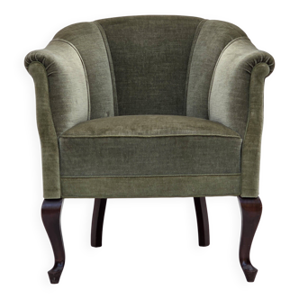 Fauteuil danois des années 1960, velours vert, pieds en bois de hêtre.